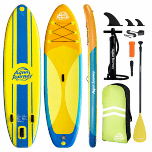 10'6"inflatable stand up paddle board ultra portable lightweight & stable|all in one kit w/aluminum paddle, dual action pump & backpack|lakes & oceans ready for family recreation by aquajourney